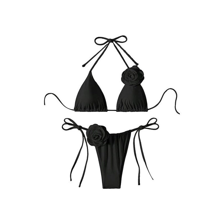 Damen Triangel-Bikini mit verspielten Blütenapplikationen und verstellbaren Bindebändern Drune