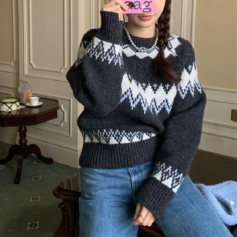 Damen gemusterter Strickpullover mit Rundhalsausschnitt und Komfortschnitt Drune