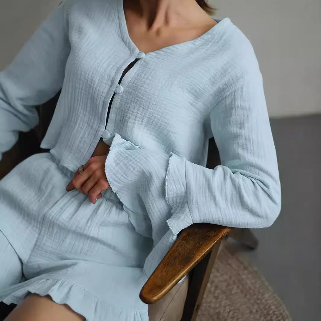Damen Zweiteiliges Crinkle-Lounge-Set mit Volant-Shorts und gestuften Trompetenärmeln Drune