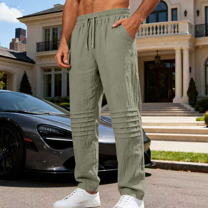 Herren Leinenoptik-Loungehose mit Tunnelzug elastischem Bund und abgesteppten Kniepanelen Drune