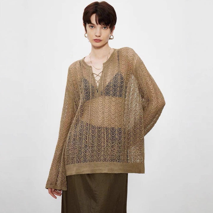 Damen luftiger Strickpulli mit raffiniertem Auschnitt Drune