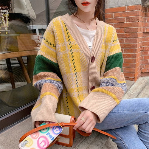 Damen Grobstrick-Cardigan mit buntem Karomuster und großen Holzknöpfen Drune
