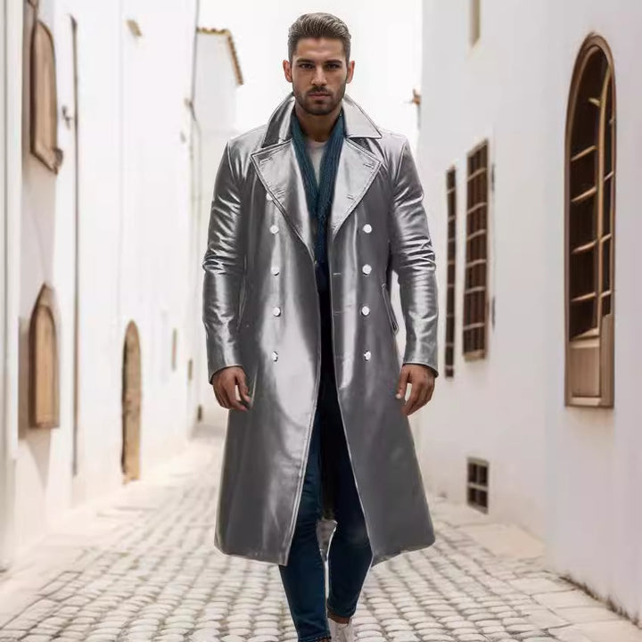 Herren Langer glänzender Kunstleder-Trenchcoat mit Doppelreiher und markantem Revers Drune