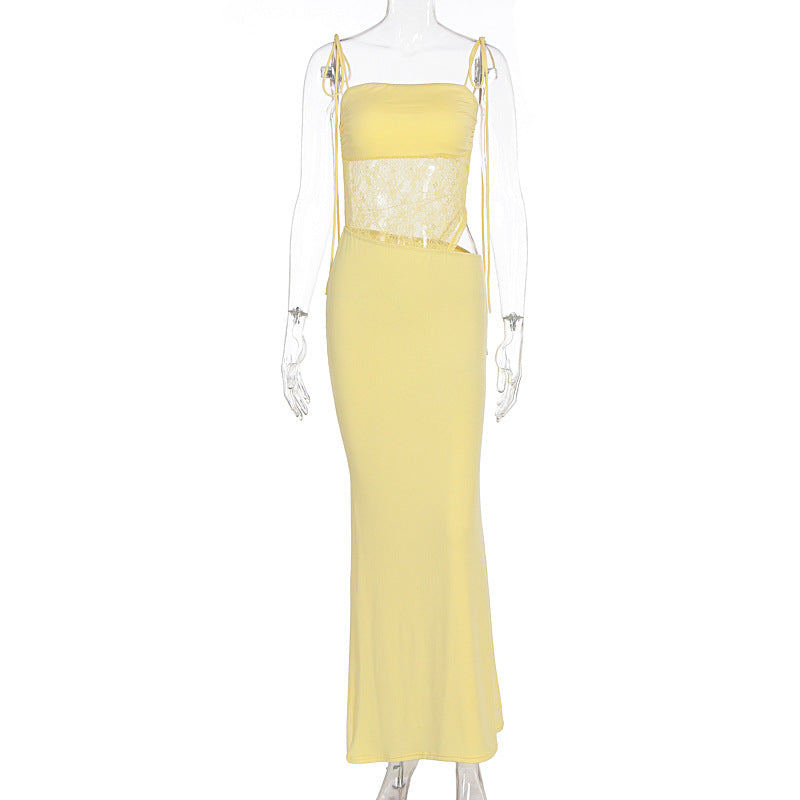 Damen elegantes langes Kleid mit raffiniertem Spitzenoberteil und verstellbaren Trägern Drune