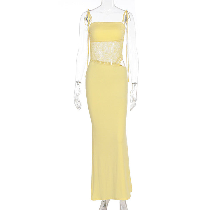 Damen elegantes langes Kleid mit raffiniertem Spitzenoberteil und verstellbaren Trägern Drune