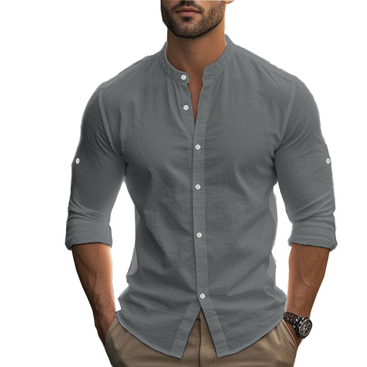 Herren Langarm-Hemd mit modernem Henley-Kragen und kontrastierenden Knopfdetails Drune
