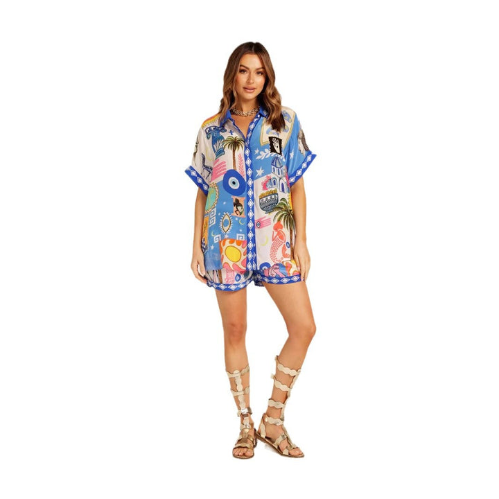 Damen Set aus leichtem, bedrucktem Kurzarmhemd und Shorts mit buntem Design Drune