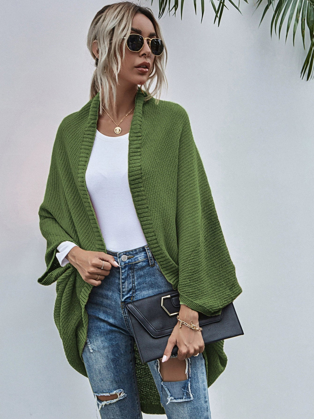 Drune | Strickjacke Oversized Passform Wolle Strick Offen Front Fledermausärmel
