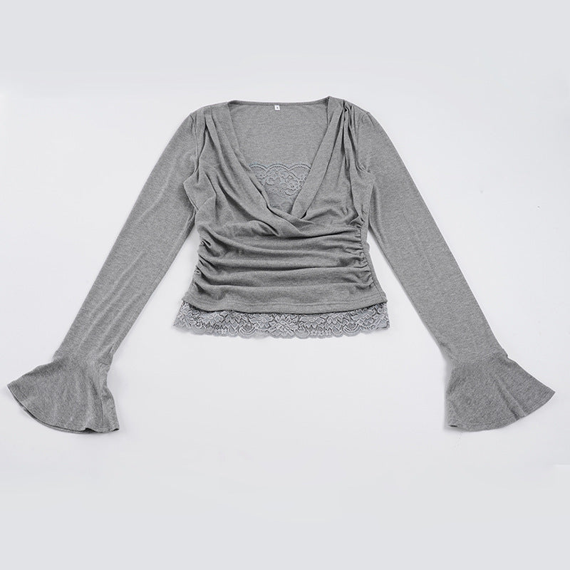 Damen Wickel-Top mit tiefem V‑Ausschnitt, Raffung und Spitzenbesatz Drune