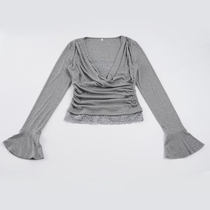 Damen Wickel-Top mit tiefem V‑Ausschnitt, Raffung und Spitzenbesatz Drune