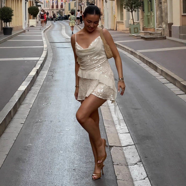 Damen funkelndes Minikleid mit Rüschendetails und verzierten Pailletten Drune