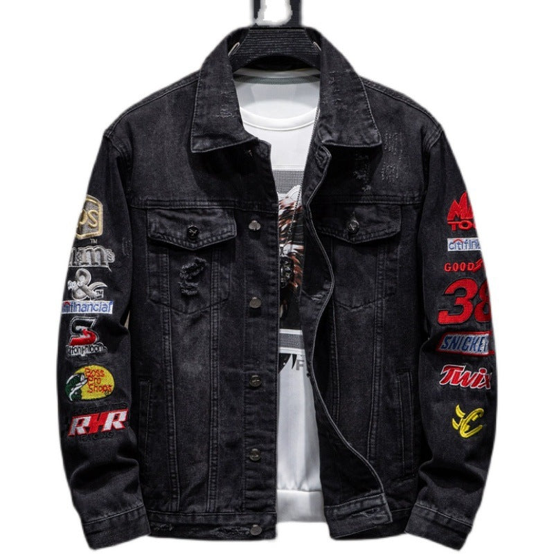 Herren Mode Denimjacke mit kreativen Applikationen Drune