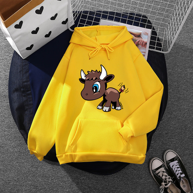 Damen nan Kapuzenpullover mit charmantem Stier-Karikaturprint, Kängurutasche und entspanntem Oversize-Schnitt Drune