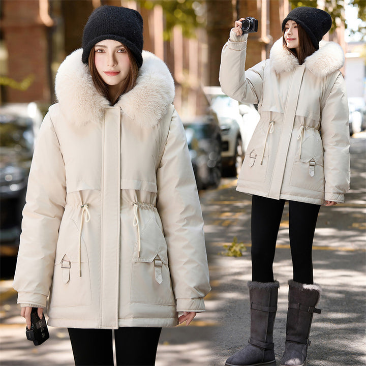 Damen nan kuscheliger Kurzparka mit extrabreitem Pelzkragen, verstellbarem Taillenzug und Cargo-Taschen Drune