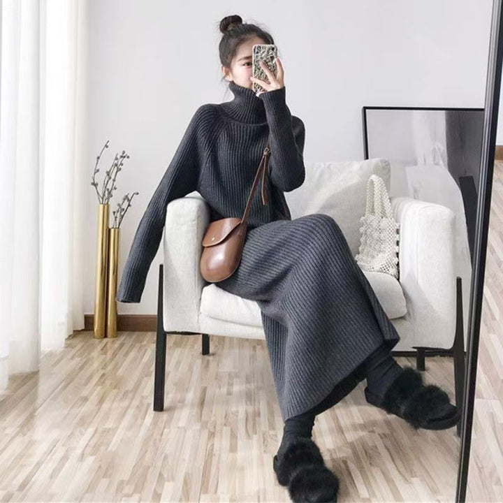 Damen Rippstrickkleid mit hohem Kragen und langem Schnitt Drune