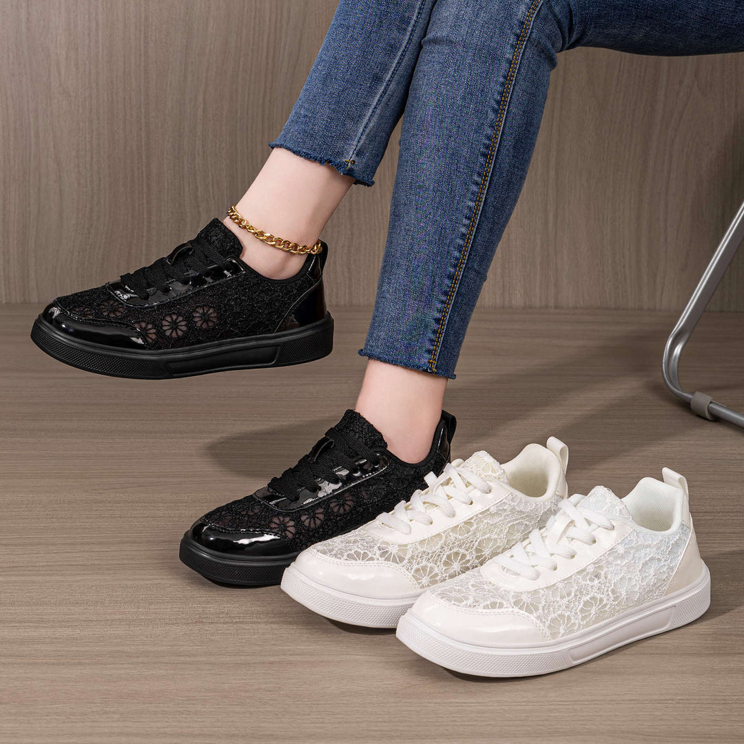 Damen nan eleganter Plateau-Sneaker mit Spitzen-Overlay, lackierten Overlays und gepolstertem Komfortfußbett Drune