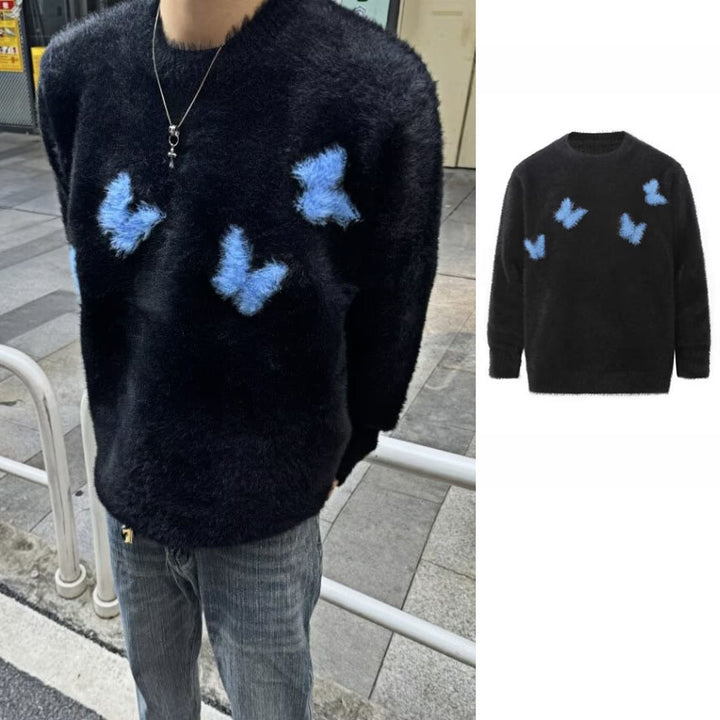Damen Weicher Pullover mit geflocktem Schmetterlingsdesign Drune