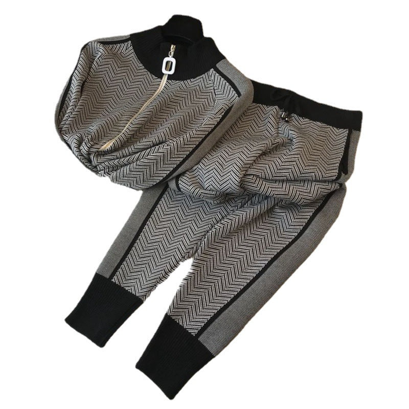 Damen modisches Strick-Loungewear-Set mit geometrischem Muster und elegantem Reißverschluss Drune