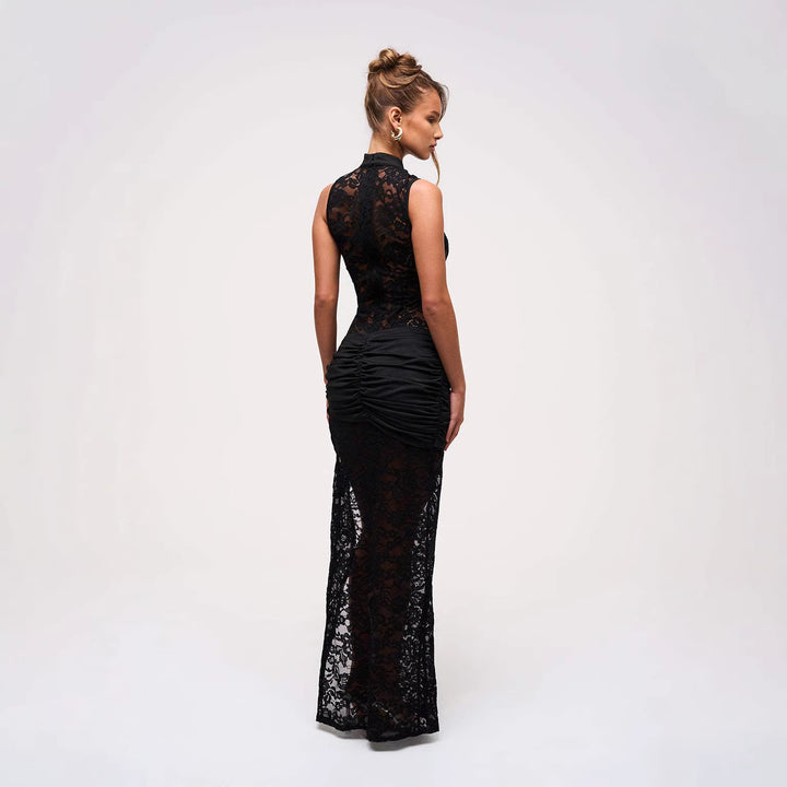 Damen Elegantes Spitzenkleid mit tiefem V-Ausschnitt und drapiertem Saum Drune