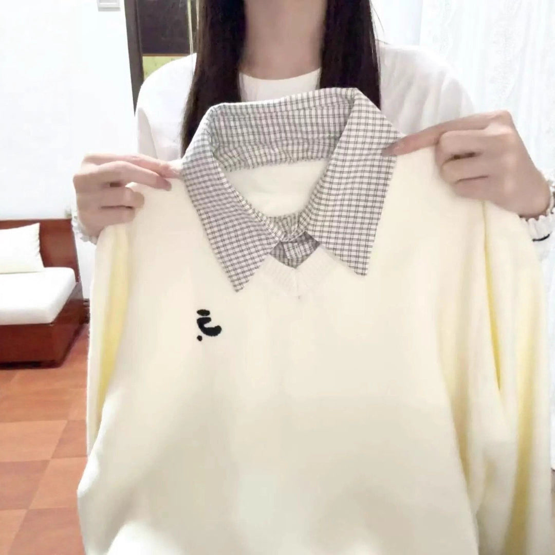 Damen kuscheliger Pullover mit abnehmbaren Kragen und Karo-Details Drune