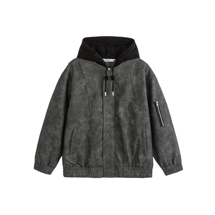 Unisex Boxy-wattierte Kapuzen‑Bomberjacke mit Veloursoptik, Cordkragen und Ärmel‑Zip Drune