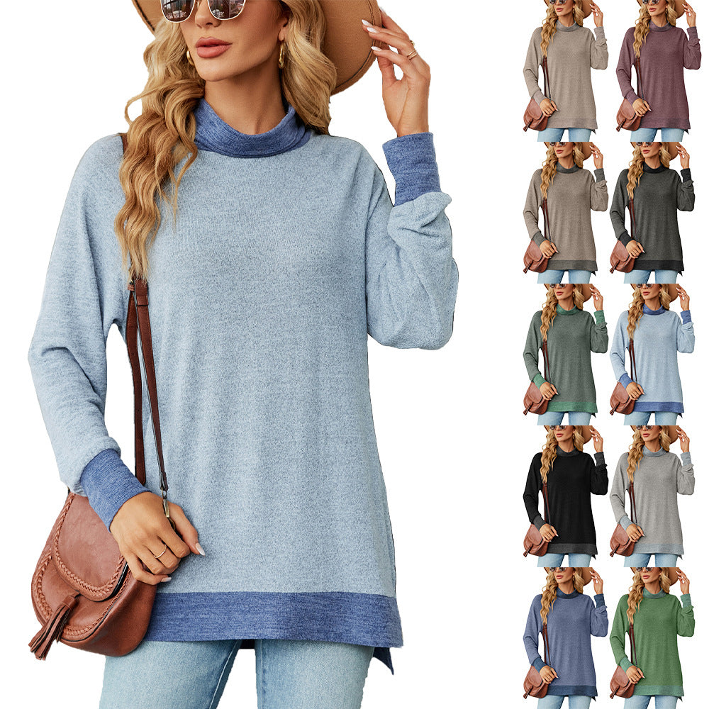 Damen Oversized Pullover mit hohem Kragen und Kontrastärmel Drune