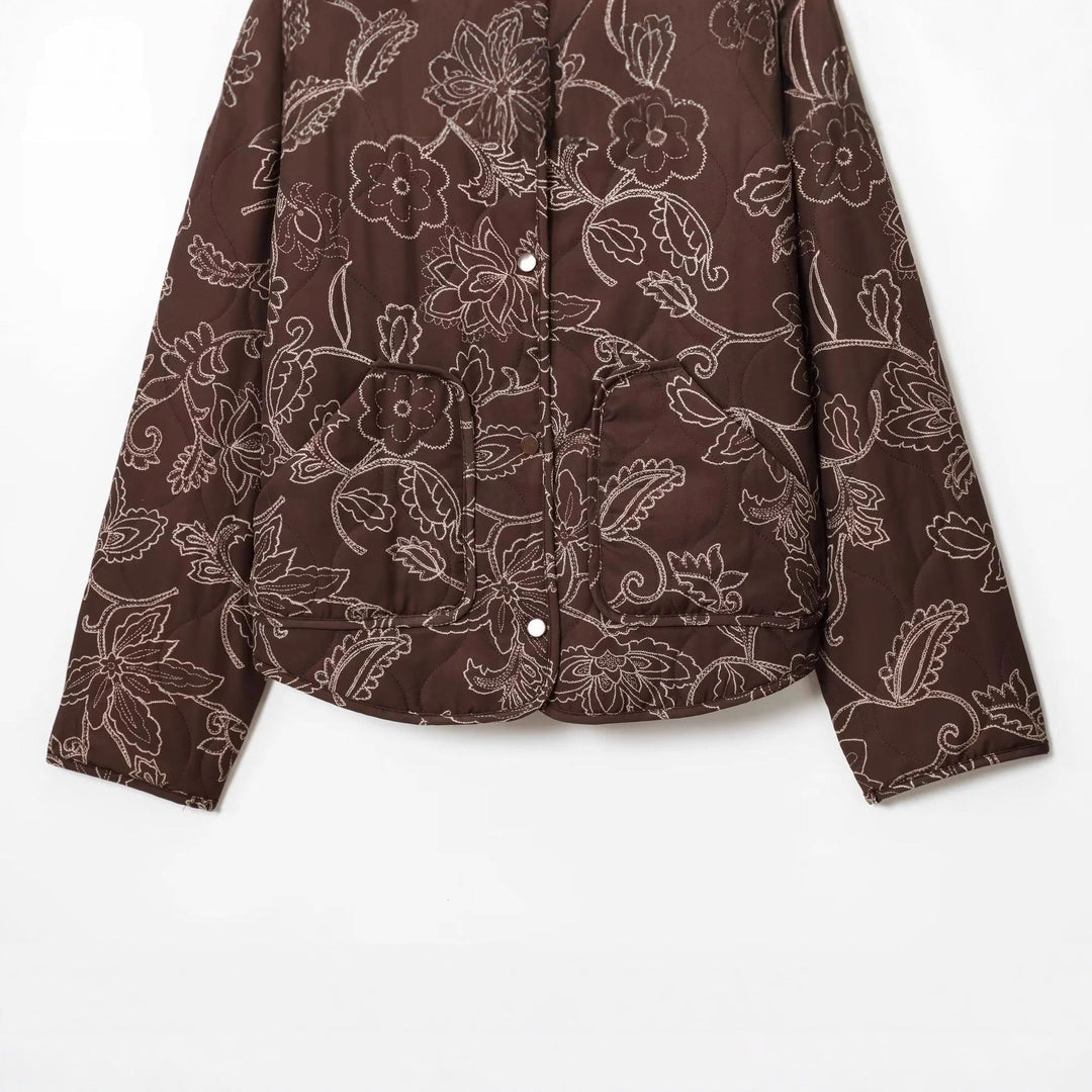 Damen nan gesteppte Kurzjacke mit floralem Steppmuster, Druckknopffront und Taillenzug Drune