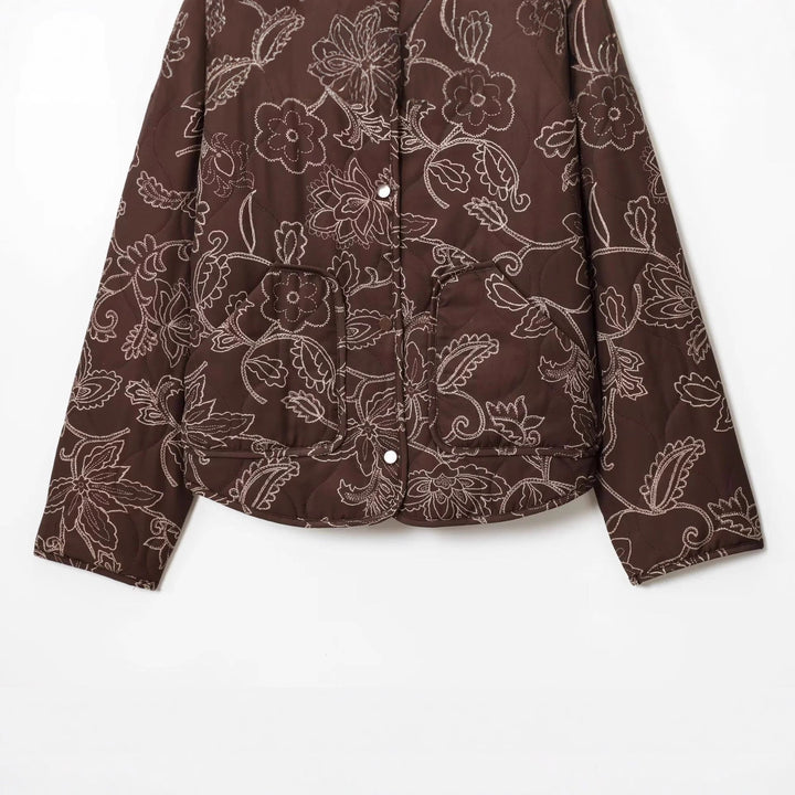 Damen nan gesteppte Kurzjacke mit floralem Steppmuster, Druckknopffront und Taillenzug Drune