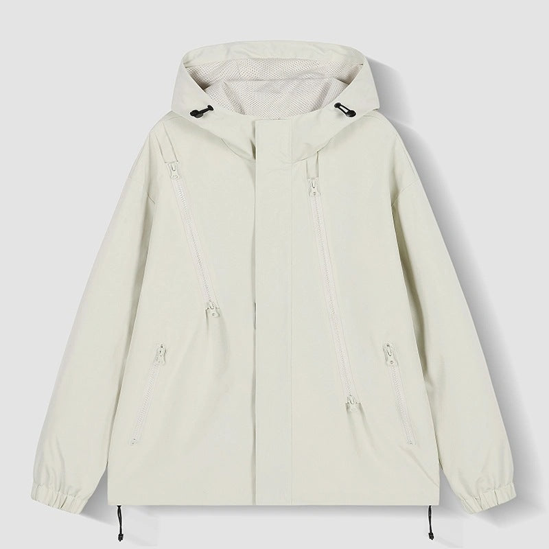 Damen Kurze technische Kapuzenjacke mit asymmetrischen Reißverschlüssen & Kordelzug Drune