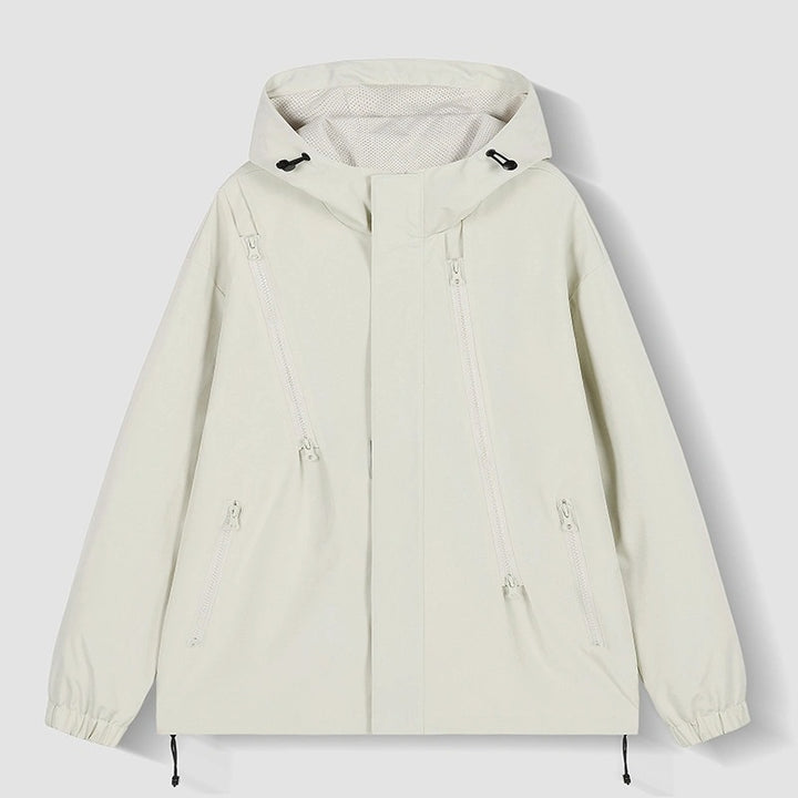 Damen Kurze technische Kapuzenjacke mit asymmetrischen Reißverschlüssen & Kordelzug Drune