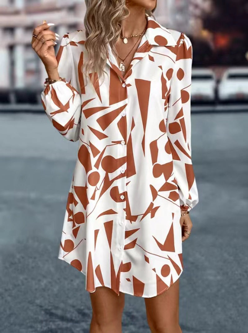Damen Hemdblusen-Kleid mit modernem geometrischem Druck und praktischen Knopfdetails Drune