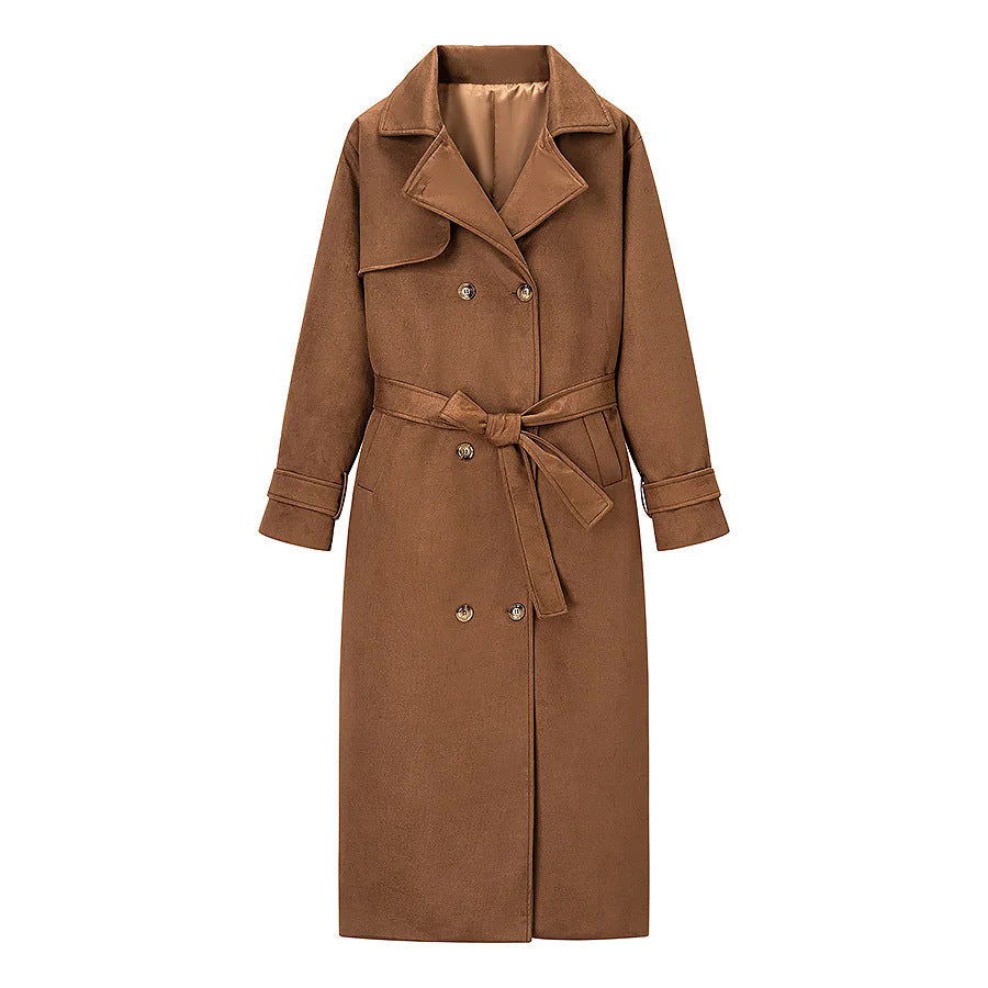 Damen nan langer Mantel im Trenchcoat Stil mit Doppelreiher Bindegürtel und Schalkragen Drune
