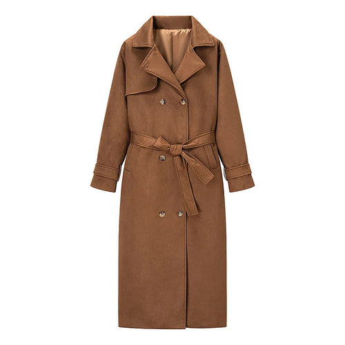 Damen nan langer Mantel im Trenchcoat Stil mit Doppelreiher Bindegürtel und Schalkragen Drune