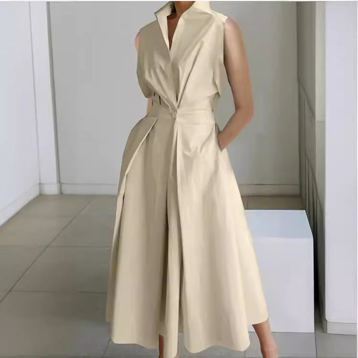 Damen Elegant geschnittenes Midi-Kleid mit tiefem V-Ausschnitt und praktischen Taschen Drune