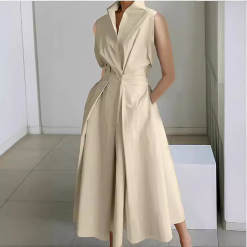 Damen Elegant geschnittenes Midi-Kleid mit tiefem V-Ausschnitt und praktischen Taschen Drune