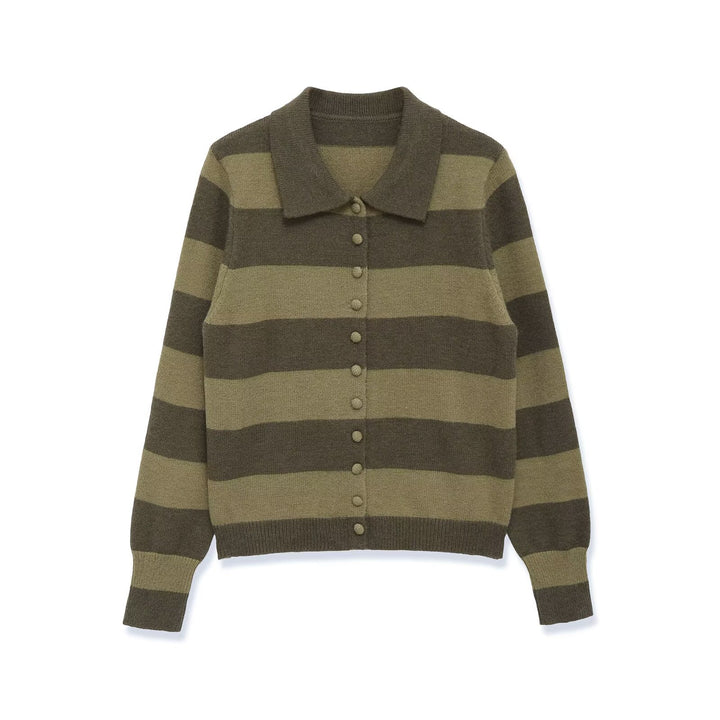 Damen Gestreifte Strickcardigan mit Hemdkragen und Knopfleiste Drune
