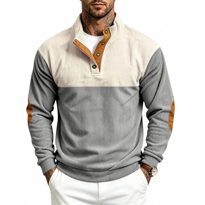 Herren Strukturierter Troyer-Pullover mit Stehkragen, Druckknopfleiste und Ellbogen‑Patches Drune