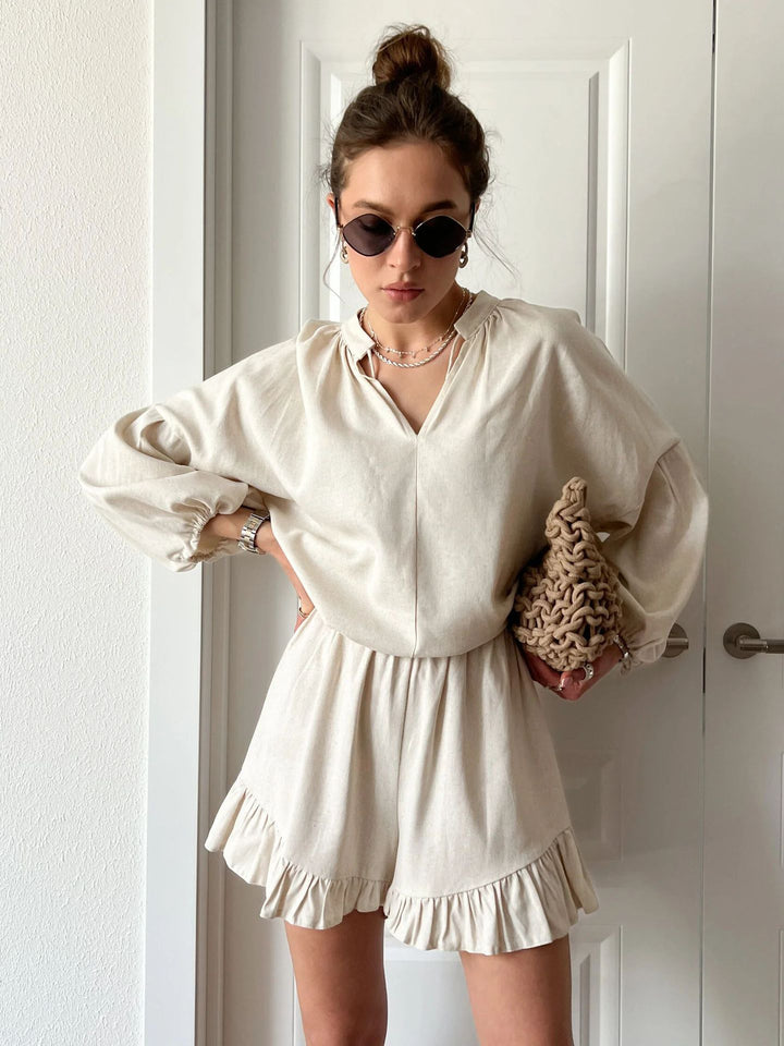 Damen Elegantes und lässiges Kurzarm-Set mit Rüschendetails Drune