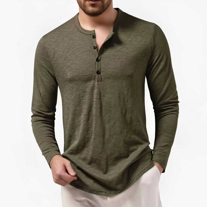 Herren nan Slim-Fit Henley Langarmshirt mit kurzem Knopfverschluss und abgerundetem Saum Drune