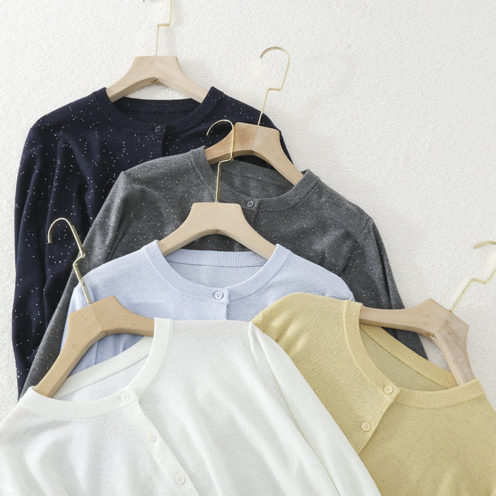 Damen Feiner Rundhals-Cardigan aus leichtem Feinstrick mit Perlmuttknopfleiste und dezentem Glitzereffekt Drune