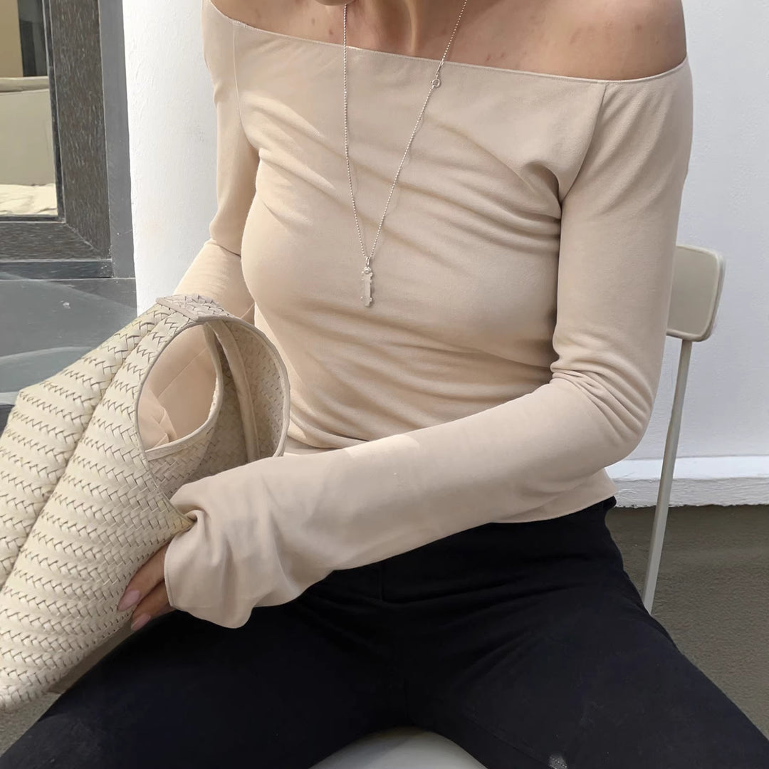 Damen Figurbetontes Off‑Shoulder Langarmshirt mit ausgestellten Manschetten Drune