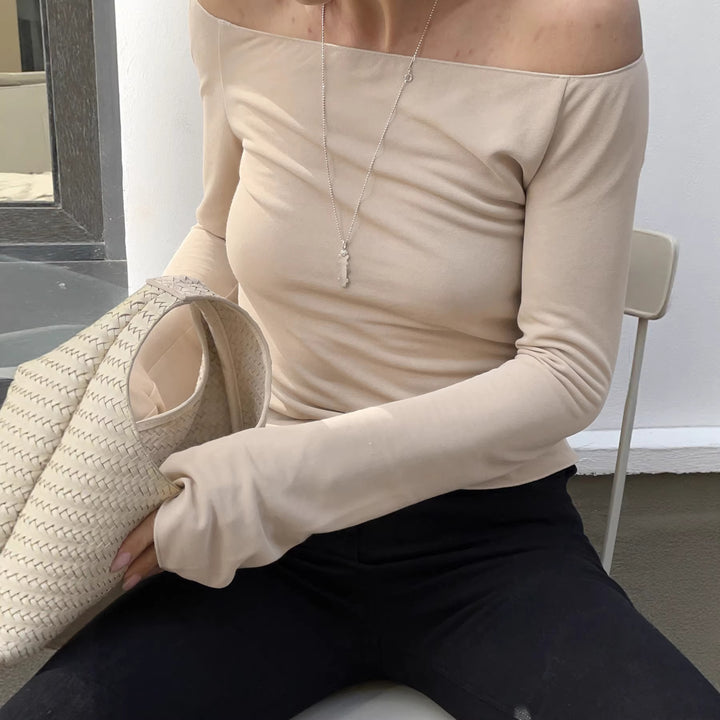 Damen Figurbetontes Off‑Shoulder Langarmshirt mit ausgestellten Manschetten Drune