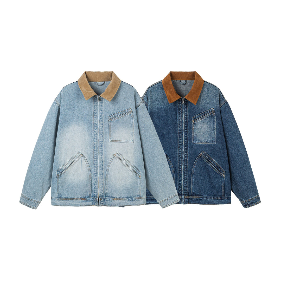 Damen Oversize-Denimjacke mit Velourslederkragen, verdecktem Reißverschluss und markanten Einstecktaschen Drune