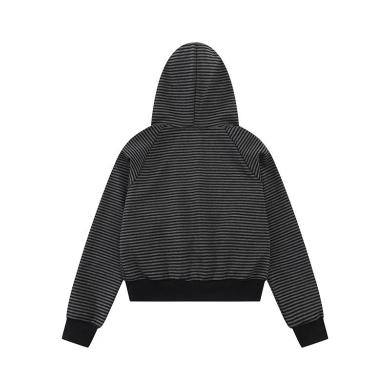 Damen gestreifte Kapuzen-Sweatjacke im Marine‑Look mit Doppelreiher‑Optik und Frontreißverschluss Drune