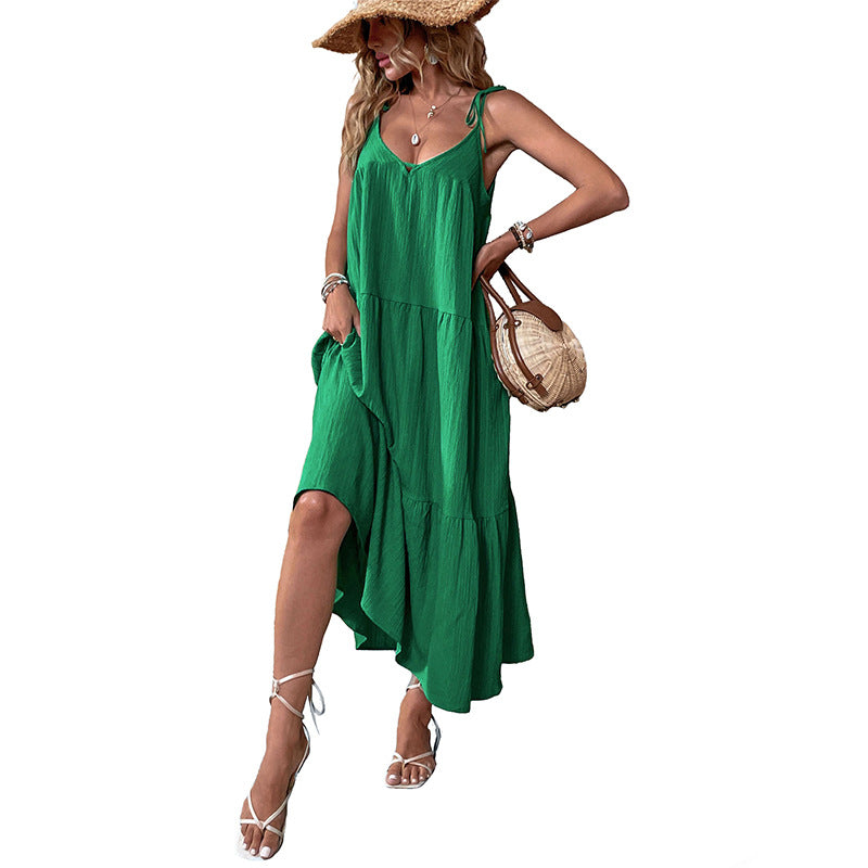 Damen Midi-Sommerkleid mit verstellbaren Trägern und luftiger A-Linie Drune