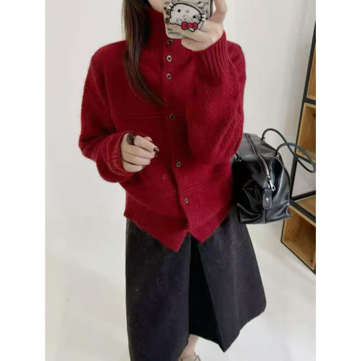 Damen Strickjacke mit hohem Kragen und Knopfdetails Drune