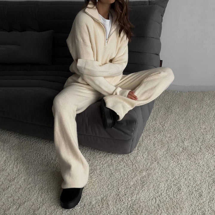 Damen geripptes Relax-Strick-Set mit halbem Reißverschluss und hochgeschnittener Leggings Drune