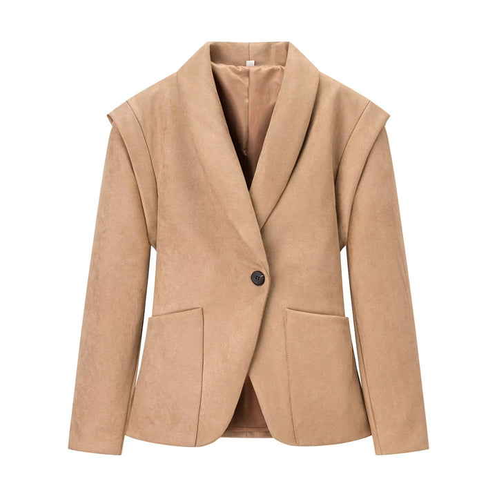 Damen nan eleganter Velours‑Optik Blazer mit tiefem Schalkragen Ein‑Knopf‑Verschluss und großen aufgesetzten Taschen Drune