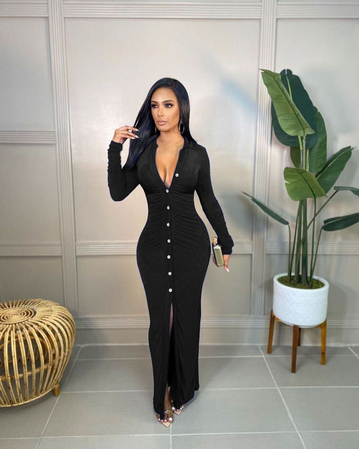 Damen Figurbetontes Maxikleid mit Knopfleiste, Raffung und tiefem V-Ausschnitt Drune