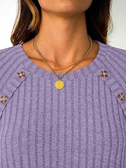 Damen Gerippter Rundhals-Pullover mit dekorativen Schulterknöpfen Drune